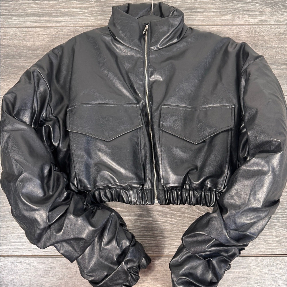 Black faux leather bomber jacket